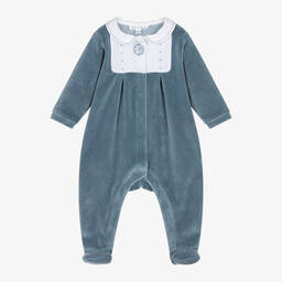 Tartine et Chocolat-Boys Blue Cotton Velour Babygrow | Childrensalon Outlet
