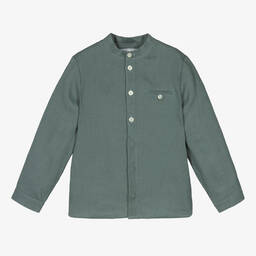 Tartine et Chocolat-Boys Green Linen Collarless Shirt | Childrensalon Outlet