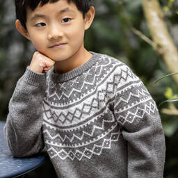 Tartine et Chocolat-Boys Grey Wool Fair Isle Sweater | Childrensalon Outlet