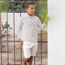 Tartine et Chocolat-Boys Ivory Linen Checked Shirt | Childrensalon Outlet