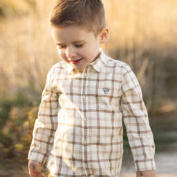 Tartine et Chocolat-Boys Ivory Plaid Cotton Shirt | Childrensalon Outlet