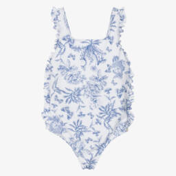 Tartine et Chocolat-مايوه أزرق بناتي بنقشة نباتية مع كشكشات | Childrensalon Outlet