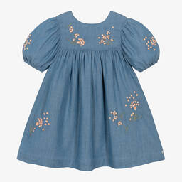 Tartine et Chocolat-Girls Blue Embroidered Chambray Dress | Childrensalon Outlet