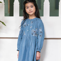 Tartine et Chocolat-Girls Blue Floral Chambray Dress | Childrensalon Outlet