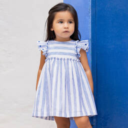 Tartine et Chocolat-Girls Blue Stripe Cotton & Linen Dress | Childrensalon Outlet