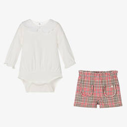 Tartine et Chocolat-طقم شورت وبادي أطفال بناتي قطن لون عاجي وأحمر | Childrensalon Outlet
