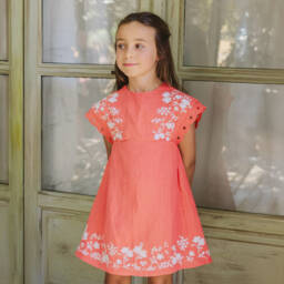 Tartine et Chocolat-Girls Coral Linen Floral Dress | Childrensalon Outlet