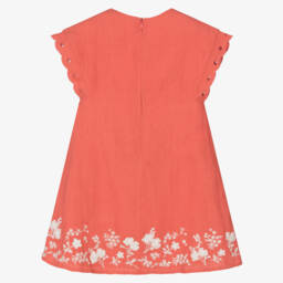 Tartine et Chocolat-Girls Coral Linen Floral Dress | Childrensalon Outlet
