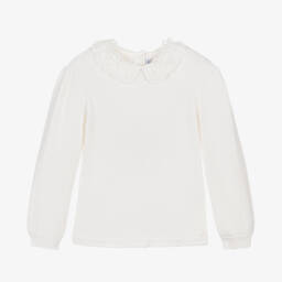 Tartine et Chocolat-Girls Cream Knit Sweater with Floral Collar | Childrensalon Outlet