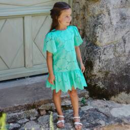 Tartine et Chocolat-فستان زهر القطن الأخضر للبنات | Childrensalon Outlet