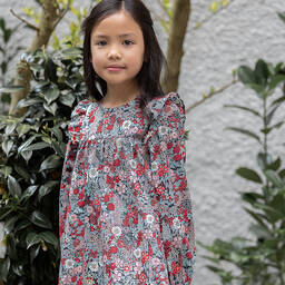 Tartine et Chocolat-فستان قطن لون أسود وزهري بطبعة ورود | Childrensalon Outlet