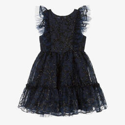 Tartine et Chocolat-Girls Glittery Blue Crêpe Organza Dress | Childrensalon Outlet
