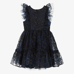 Tartine et Chocolat-Girls Glittery Blue Crêpe Organza Dress | Childrensalon Outlet