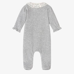 Tartine et Chocolat-Girls Grey Velour & Lace Ruffle Babygrow | Childrensalon Outlet