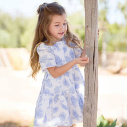 Tartine et Chocolat-Girls Ivory & Azure Floral Dress | Childrensalon Outlet