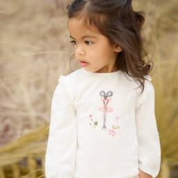 Tartine et Chocolat-Girls Ivory Mouse Long Sleeve Top | Childrensalon Outlet