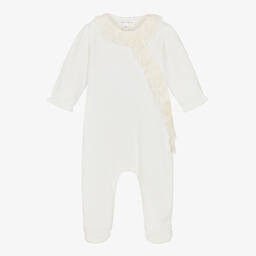 Tartine et Chocolat-Кремовый велюровый комбинезон с кружевными рюшами | Childrensalon Outlet