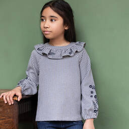 Tartine et Chocolat-Girls Navy Blue Gingham Blouse | Childrensalon Outlet