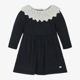 Tartine et Chocolat-Girls Navy Wool-Knit Pleated Dress | Childrensalon Outlet
