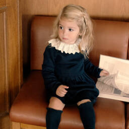 Tartine et Chocolat-Girls Navy Wool-Knit Pleated Dress | Childrensalon Outlet