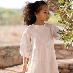 Tartine et Chocolat-فستان كتان مطرز لون زهري فاتح | Childrensalon Outlet