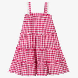 Tartine et Chocolat-Бело-розовое многоярусное платье в мелкую клетку | Childrensalon Outlet