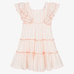 Tartine et Chocolat-Girls Pink & White Stripe Ruffle Dress | Childrensalon Outlet