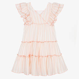 Tartine et Chocolat-Girls Pink & White Stripe Ruffle Dress | Childrensalon Outlet