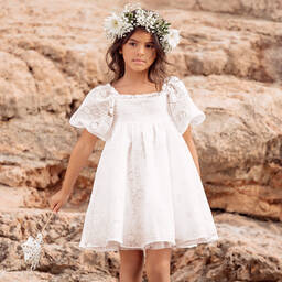 Tartine et Chocolat-فستان قطن جيرسي لون أبيض بطبعة ورود | Childrensalon Outlet