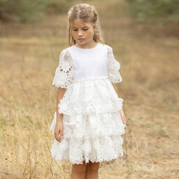 Tartine et Chocolat-فستان أورغانزا مطرز بورود لون أبيض | Childrensalon Outlet