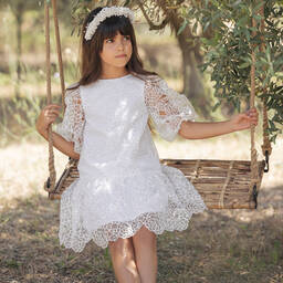 Tartine et Chocolat-Girls White Organza Puffed Sleeve Dress | Childrensalon Outlet