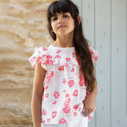 Tartine et Chocolat-Girls White & Red Floral Cotton Blouse | Childrensalon Outlet