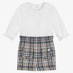 Tartine et Chocolat-طقم شورت أطفال بناتي قطن كاروهات لون أبيض وأزرق | Childrensalon Outlet