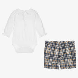 Tartine et Chocolat-طقم شورت أطفال بناتي قطن كاروهات لون أبيض وأزرق | Childrensalon Outlet