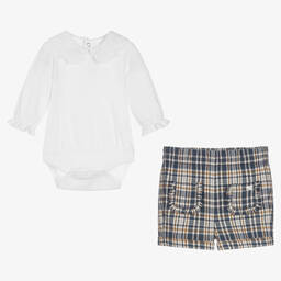 Tartine et Chocolat-طقم شورت أطفال بناتي قطن كاروهات لون أبيض وأزرق | Childrensalon Outlet