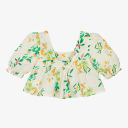 The Animals Observatory-بلوز قطن وكتان لون أبيض بطبعة ورود للبنات | Childrensalon Outlet