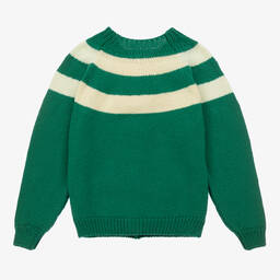 The Animals Observatory-Зеленый шерстяной кардиган с кремовыми полосками | Childrensalon Outlet