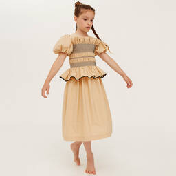 The Middle Daughter-Girls Beige Cotton Shirred Frill Dress | Childrensalon Outlet