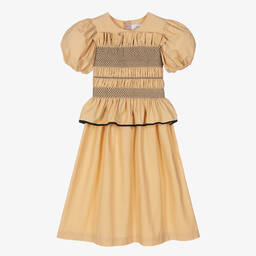 The Middle Daughter-Girls Beige Cotton Shirred Frill Dress | Childrensalon Outlet