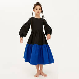 The Middle Daughter-Girls Black & Blue Cotton Midi Dress | Childrensalon Outlet