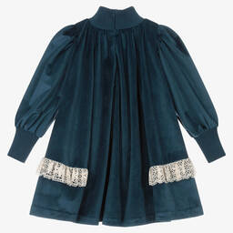 The Middle Daughter-Girls Blue Velvet & Lace High-Neck Dress | Childrensalon Outlet