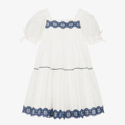 The Middle Daughter-Girls White & Blue Cotton Tiered Dress | Childrensalon Outlet