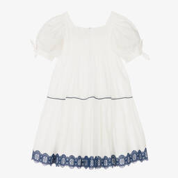 The Middle Daughter-Girls White & Blue Cotton Tiered Dress | Childrensalon Outlet