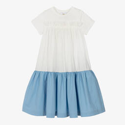 The Middle Daughter-Girls White & Blue Tiered Dress | Childrensalon Outlet