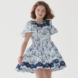 The Middle Daughter-Girls White & Blue Willow Pattern Dress | Childrensalon Outlet