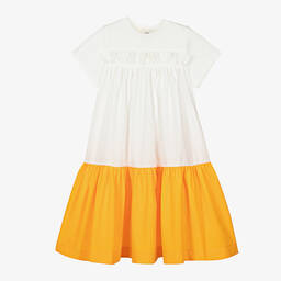 The Middle Daughter-Girls White & Orange Tiered Dress | Childrensalon Outlet