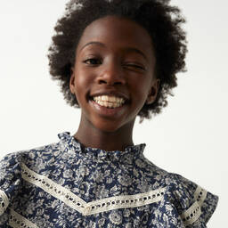 The New Society-Синее хлопковое платье в цветочек | Childrensalon Outlet