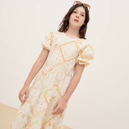 The New Society-فستان قطن عضوي وفيسكوز لون عاجي بطبعة ورود | Childrensalon Outlet