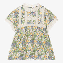 The New Society-Girls Ivory & Green Floral Linen Blouse | Childrensalon Outlet