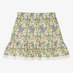 The New Society-Girls Ivory & Green Floral Linen Skirt | Childrensalon Outlet
